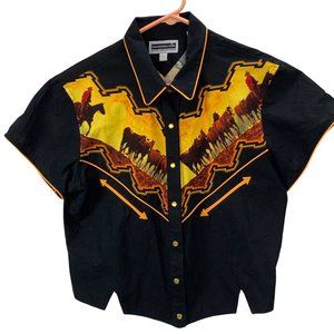 Vintage Panhandle Slim Western Wear Crop Top Shirt Pearl Snap Equestrian Horse